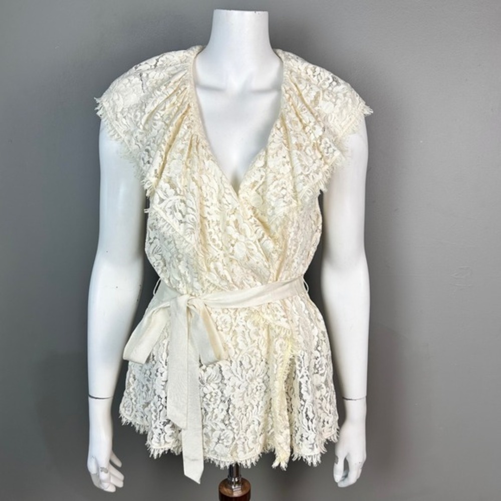 BCBGMAXAZRIA top Large Royal Lace Wrap Belted Sheer Ruffle Outlander Vamp